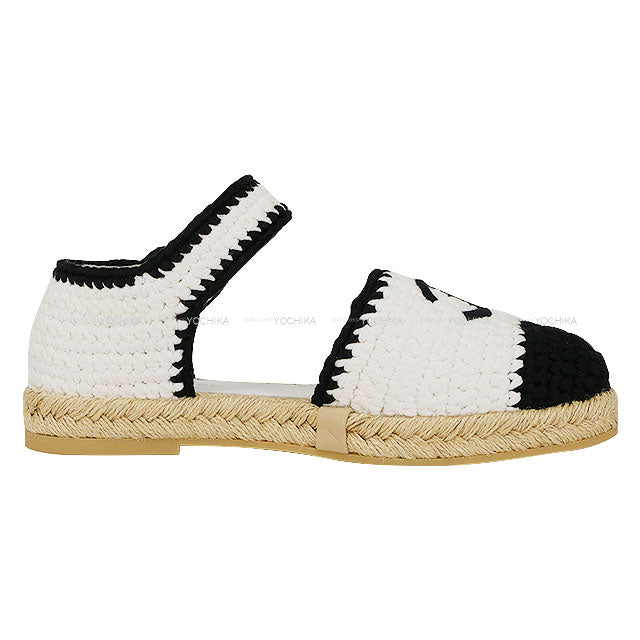 CHANEL sandals Coco Mark Espadrille Blanc (White)/Noir (Black) Fabric #38 Champagne Gold HW G38736[EXCELLENT][Authentic]