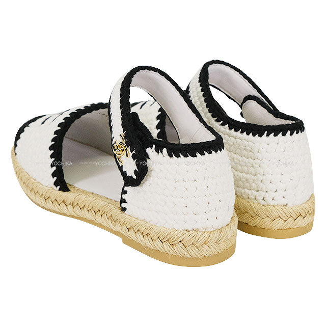 CHANEL sandals Coco Mark Espadrille Blanc (White)/Noir (Black) Fabric #38 Champagne Gold HW G38736[EXCELLENT][Authentic]