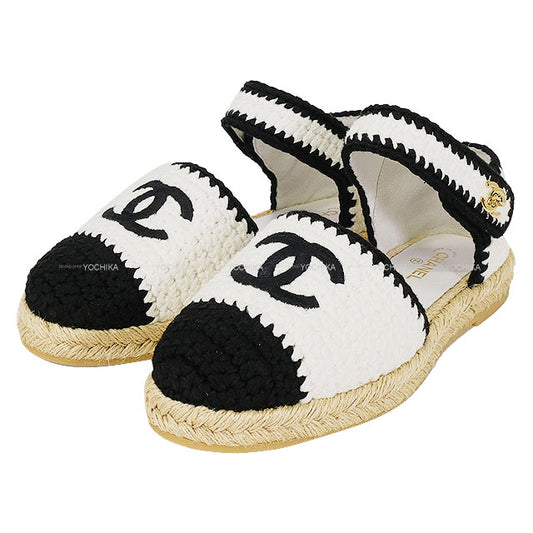 CHANEL sandals Coco Mark Espadrille Blanc (White)/Noir (Black) Fabric #38 Champagne Gold HW G38736[EXCELLENT][Authentic]