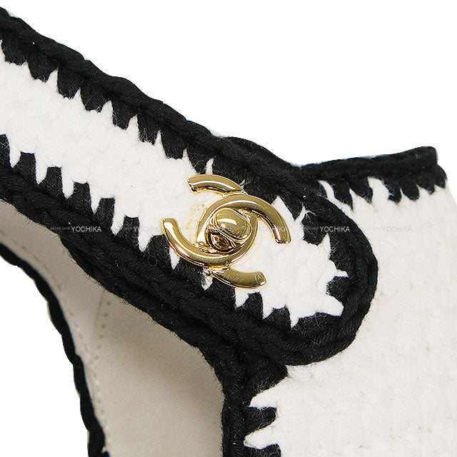 CHANEL sandals Coco Mark Espadrille Blanc (White)/Noir (Black) Fabric #38 Champagne Gold HW G38736[EXCELLENT][Authentic]