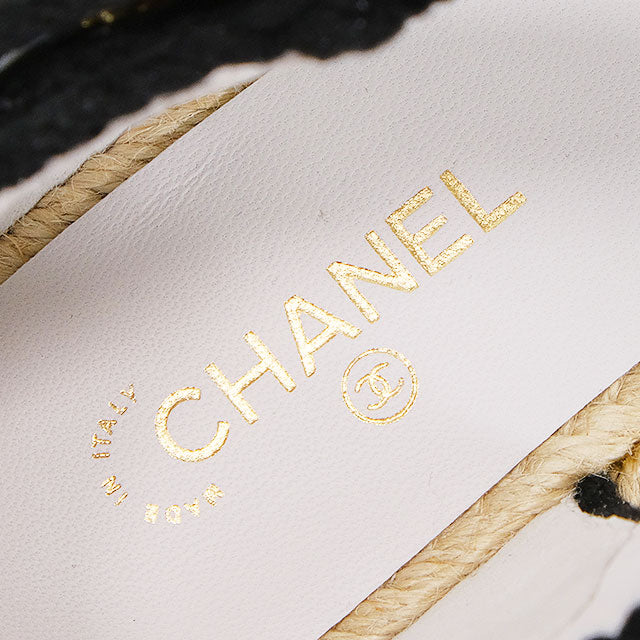 CHANEL sandals Coco Mark Espadrille Blanc (White)/Noir (Black) Fabric #38 Champagne Gold HW G38736[EXCELLENT][Authentic]