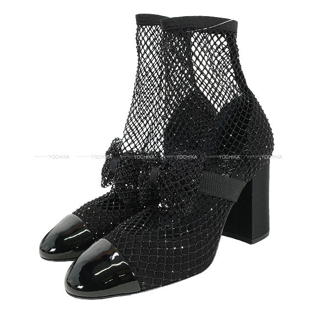2023SS CHANEL pumps COCO Mark Ribbon Mesh Strass Mary Jane Socks Noir (Black) Suede kidskin/Patent calfskin #38C G40093[EXCELLENT][Authentic]