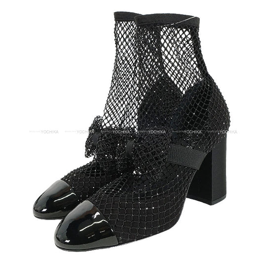 2023SS CHANEL pumps COCO Mark Ribbon Mesh Strass Mary Jane Socks Noir (Black) Suede kidskin/Patent calfskin #38C G40093[EXCELLENT][Authentic]