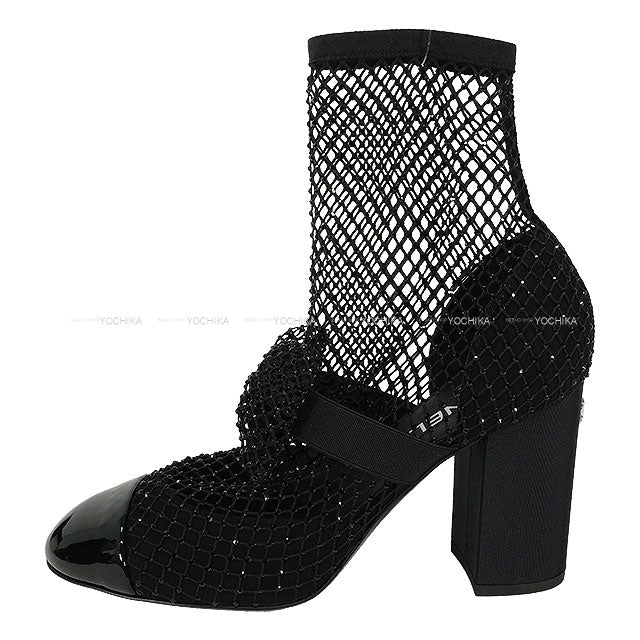 2023SS CHANEL pumps COCO Mark Ribbon Mesh Strass Mary Jane Socks Noir (Black) Suede kidskin/Patent calfskin #38C G40093[EXCELLENT][Authentic]