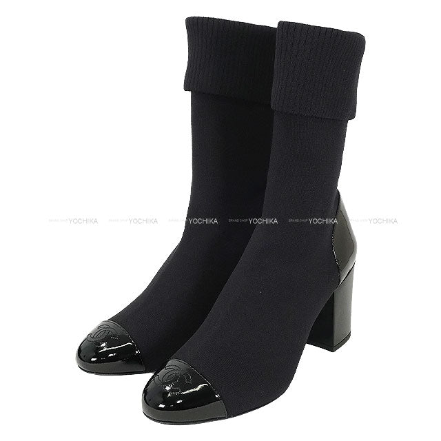 CHANEL boots Coco Mark Chunky heel Knit Noir (Black) Knit /Patent calfskin #38 G40134[EXCELLENT][Authentic]