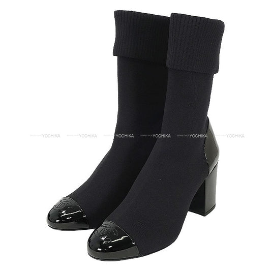 CHANEL boots Coco Mark Chunky heel Knit Noir (Black) Knit /Patent calfskin #38 G40134[EXCELLENT][Authentic]