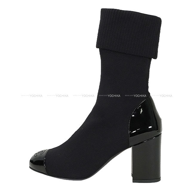 CHANEL boots Coco Mark Chunky heel Knit Noir (Black) Knit /Patent calfskin #38 G40134[EXCELLENT][Authentic]