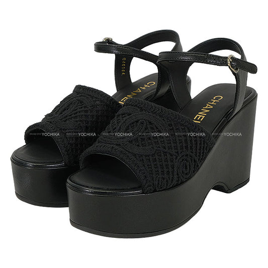 2025SS CHANEL sandals Wedge mesh strap COCO Mark Noir (Black) Calfskin #37.5 G46364[BRAND NEW][Authentic]