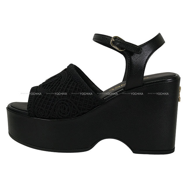 2025SS CHANEL sandals Wedge mesh strap COCO Mark Noir (Black) Calfskin #37.5 G46364[BRAND NEW][Authentic]