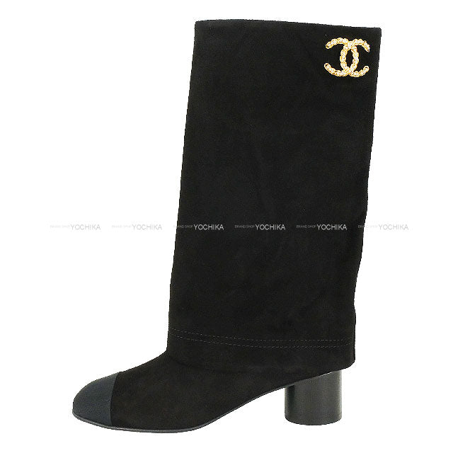 2025SS CHANEL boots Leg cover COCO mark Pearl Noir (Black) Suede #38.5 Gold HW G46678[BRAND NEW][Authentic]