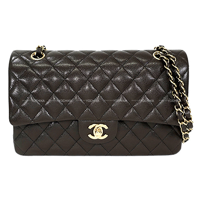 CHANEL Shoulder bag Matelasse 25 Double Flap Chain Chocolat Chocolat Graind Calf(Caviarskin) Champagne Gold HW A01112[BRAND NEW][Authentic]