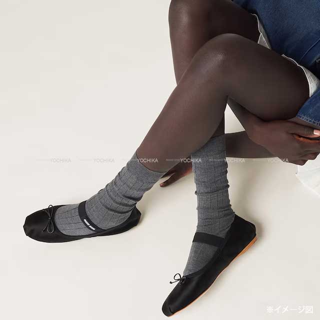 Miu Miu ballet shoes(flat shoes) Satin Ballerina with Logo Band Noir (Black) Silk Viscose #38 5F794D QU6 F0002[EXCELLENT][Authentic]