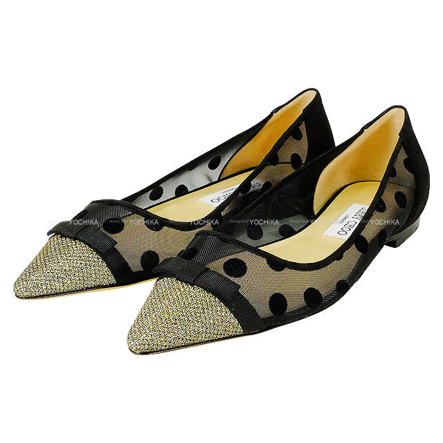 JIMMY CHOO pumps Dorothy Flat Dot Ribbon Glitter Noir (Black) /Light Bronze Mesh #38[EXCELLENT][Authentic]
