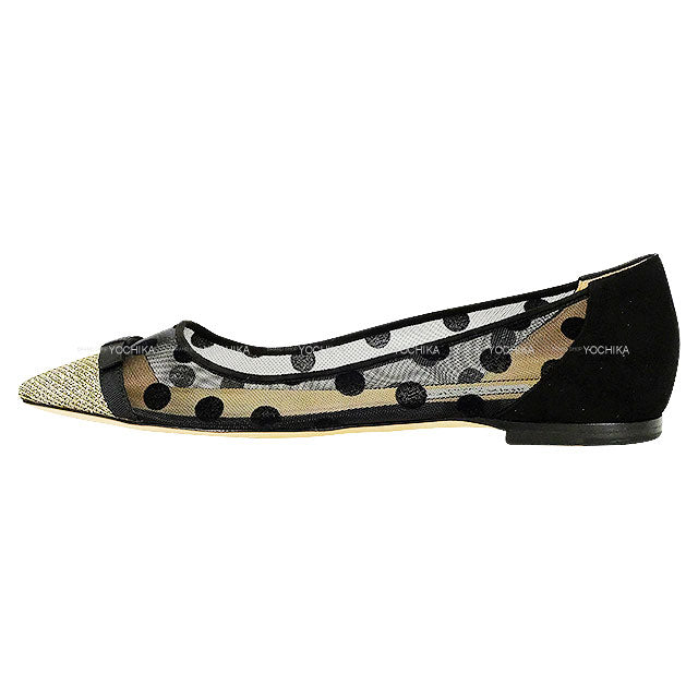 JIMMY CHOO pumps Dorothy Flat Dot Ribbon Glitter Noir (Black) /Light Bronze Mesh #38[EXCELLENT][Authentic]