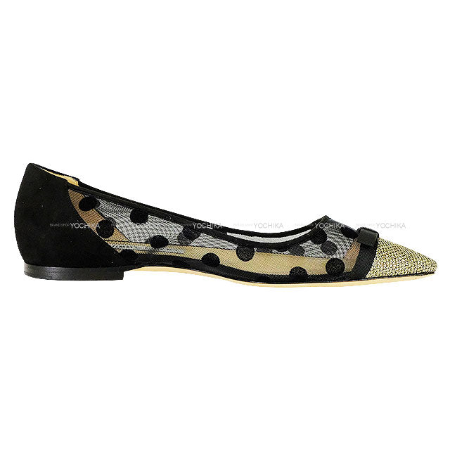 JIMMY CHOO pumps Dorothy Flat Dot Ribbon Glitter Noir (Black) /Light Bronze Mesh #38[EXCELLENT][Authentic]