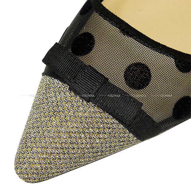 JIMMY CHOO pumps Dorothy Flat Dot Ribbon Glitter Noir (Black) /Light Bronze Mesh #38[EXCELLENT][Authentic]