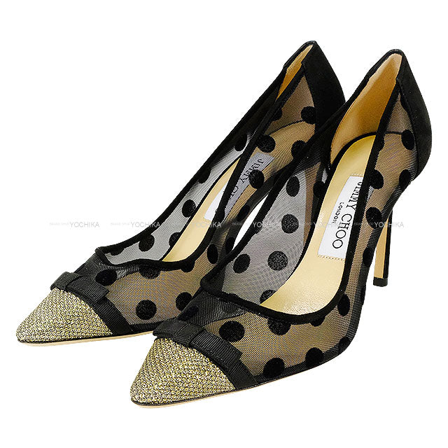 JIMMY CHOO pumps DOROTHY 85 Dot Ribbon Glitter Noir (Black) /Light Bronze Mesh #38 164DOROTHY 85.XKP[EXCELLENT][Authentic]