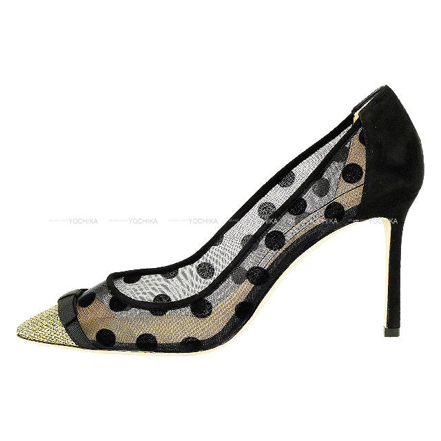 JIMMY CHOO pumps DOROTHY 85 Dot Ribbon Glitter Noir (Black) /Light Bronze Mesh #38 164DOROTHY 85.XKP[EXCELLENT][Authentic]