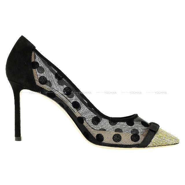 JIMMY CHOO pumps DOROTHY 85 Dot Ribbon Glitter Noir (Black) /Light Bronze Mesh #38 164DOROTHY 85.XKP[EXCELLENT][Authentic]