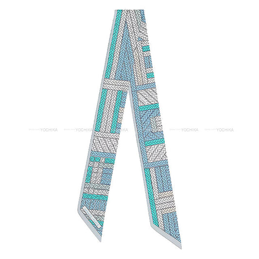HERMES scarf Twilly Tresses H Bleu Jean/Gris Perle/Vert Silk100%[EXCELLENT][Authentic]