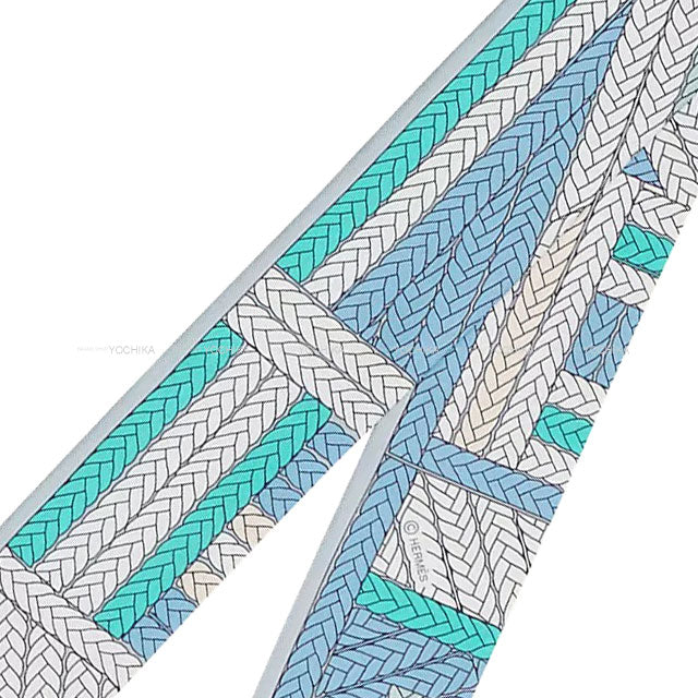 HERMES scarf Twilly Tresses H Bleu Jean/Gris Perle/Vert Silk100%[EXCELLENT][Authentic]