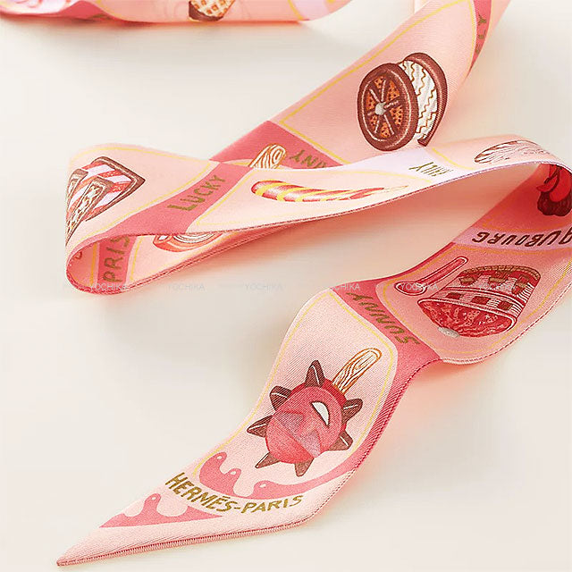 HERMES scarf Twilly Funny Ice Cream Rose Poudre/Coral Silk100%[BRAND NEW][Authentic]
