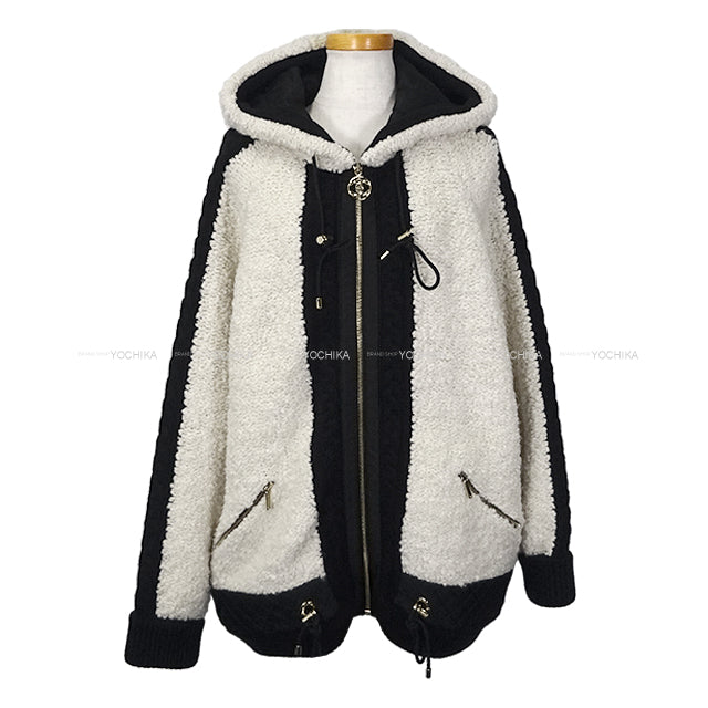 CHANEL Blouson Knit Boa Zip Up Coco Mark Matelasse Quilting Blanc (White)/Noir (Black) Silk/Wool #42 Gold HW P62160[EXCELLENT][Authentic]