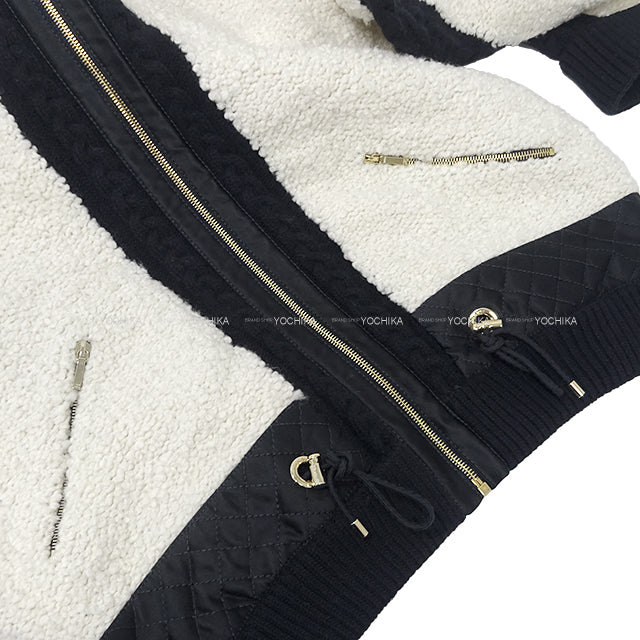CHANEL Blouson Knit Boa Zip Up Coco Mark Matelasse Quilting Blanc (White)/Noir (Black) Silk/Wool #42 Gold HW P62160[EXCELLENT][Authentic]