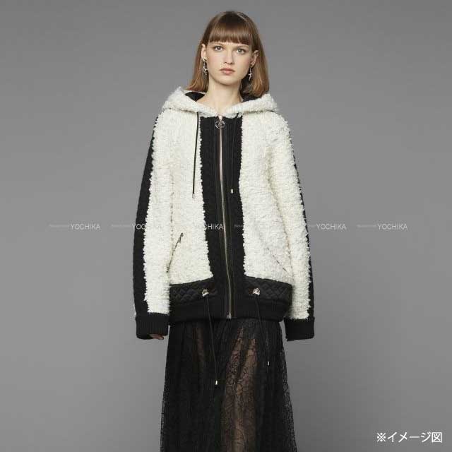 CHANEL Blouson Knit Boa Zip Up Coco Mark Matelasse Quilting Blanc (White)/Noir (Black) Silk/Wool #42 Gold HW P62160[EXCELLENT][Authentic]