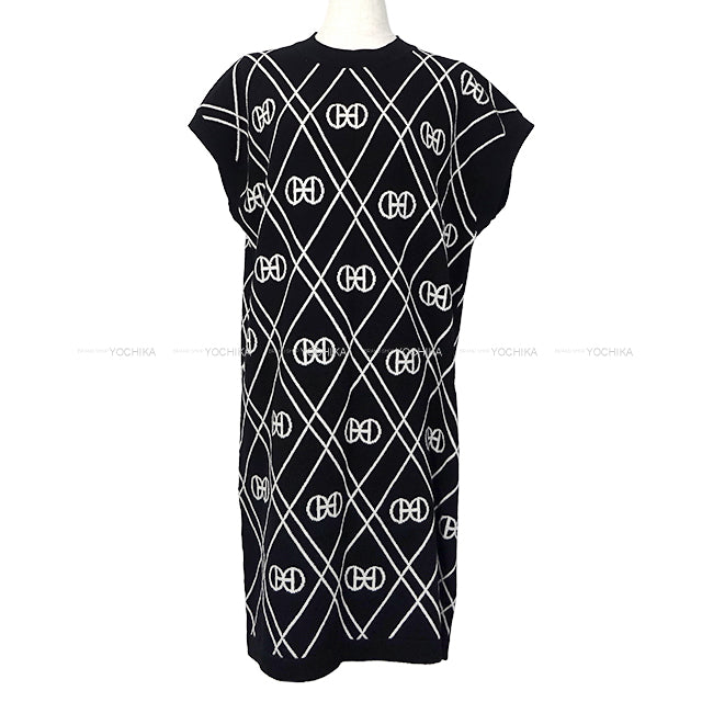 HERMES One‐piece dress Short Sleeve Knit H Rondo Noir (Black)/Blanc (White) Cashmere100% #44[EXCELLENT][Authentic]
