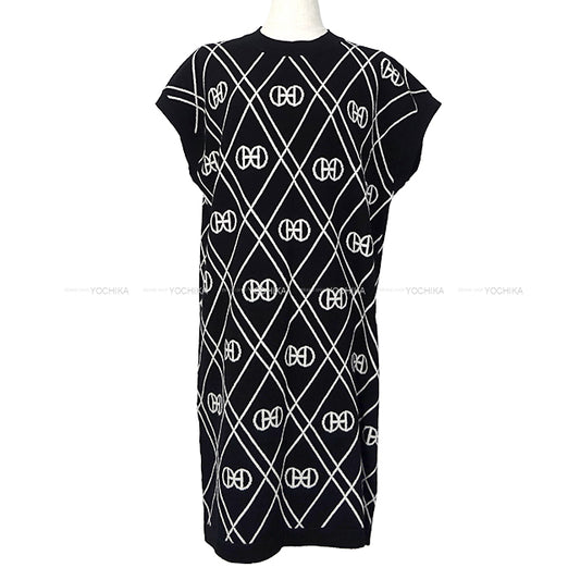 HERMES One‐piece dress Short Sleeve Knit H Rondo Noir (Black)/Blanc (White) Cashmere100% #44[EXCELLENT][Authentic]