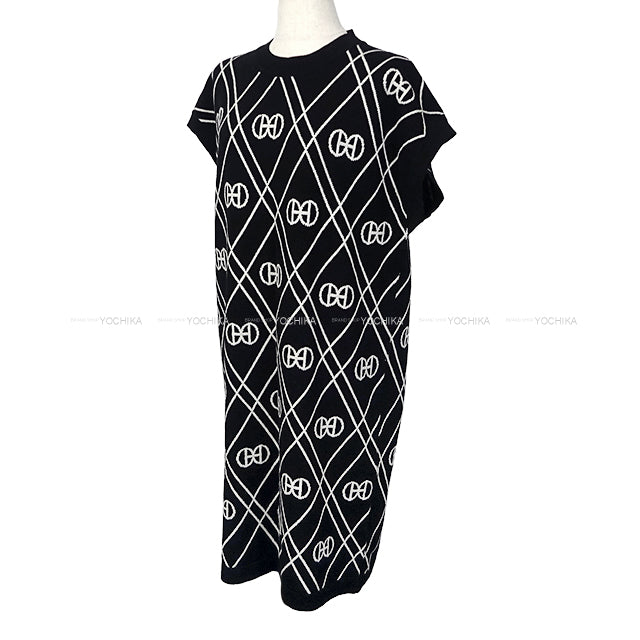 HERMES One‐piece dress Short Sleeve Knit H Rondo Noir (Black)/Blanc (White) Cashmere100% #44[EXCELLENT][Authentic]