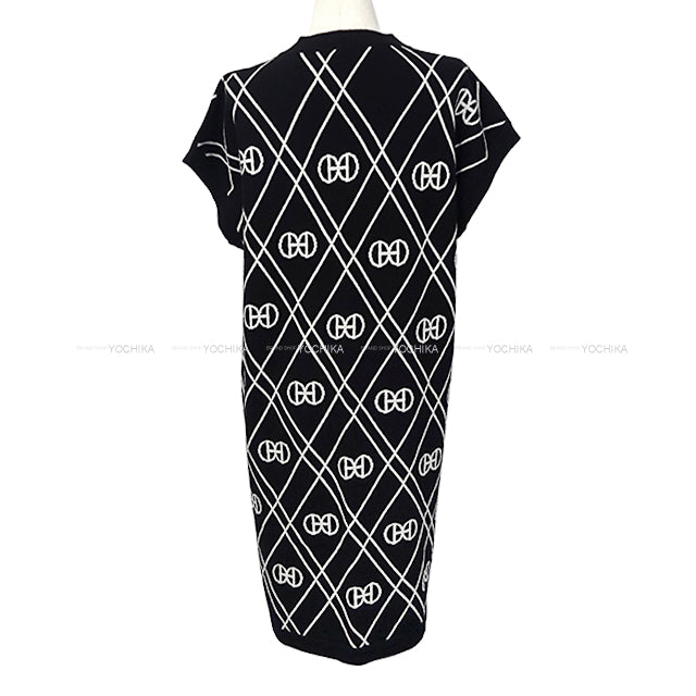 HERMES One‐piece dress Short Sleeve Knit H Rondo Noir (Black)/Blanc (White) Cashmere100% #44[EXCELLENT][Authentic]