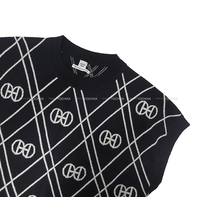 HERMES One‐piece dress Short Sleeve Knit H Rondo Noir (Black)/Blanc (White) Cashmere100% #44[EXCELLENT][Authentic]