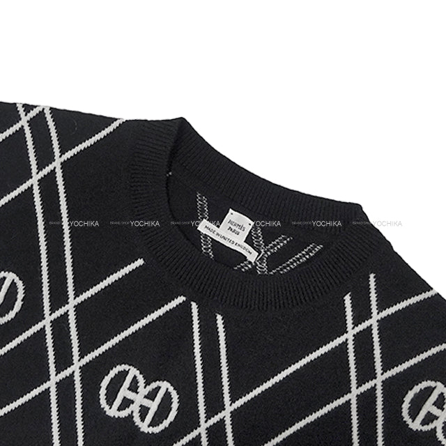 HERMES One‐piece dress Short Sleeve Knit H Rondo Noir (Black)/Blanc (White) Cashmere100% #44[EXCELLENT][Authentic]