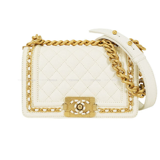 [Pre-loved] CHANEL Shoulder bag BOY CHANEL 20 Matelasse Chain Blanc (White) Graind Calf(Caviarskin) Antique Gold HW A67085[USED A][Authentic]