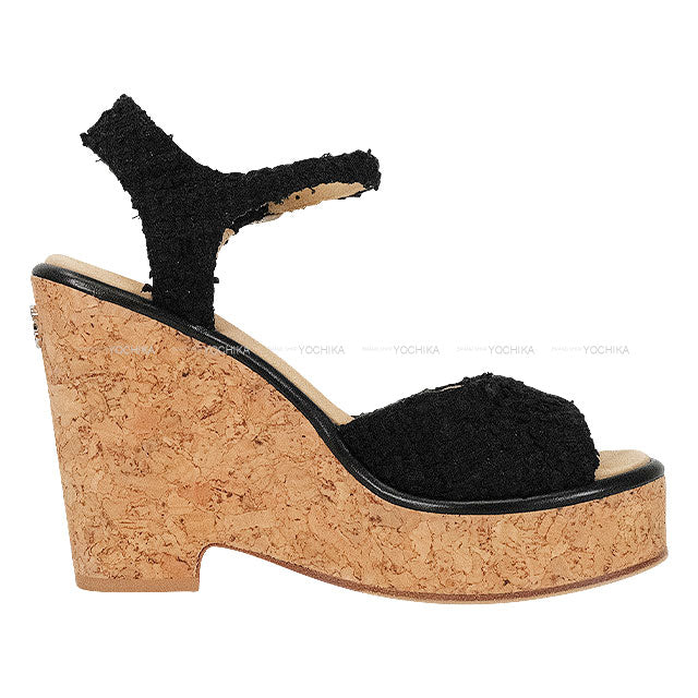 [Pre-loved] CHANEL sandals Wedge Sole Noir (Black)/Naturel Tweed #37C G39812[LIKE NEW][Authentic]