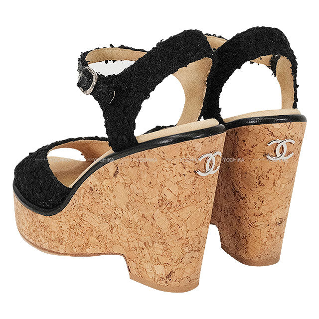 [Pre-loved] CHANEL sandals Wedge Sole Noir (Black)/Naturel Tweed #37C G39812[LIKE NEW][Authentic]