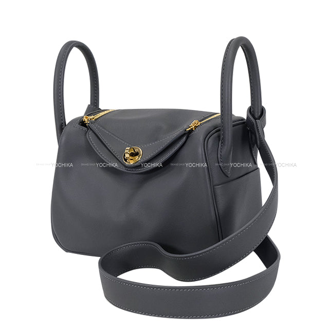 HERMES Shoulder bag Lindy mini 20 Verso Ardoise/Gris Platine Veau Swift Champagne Gold HW Stamp W[EXCELLENT][Authentic]