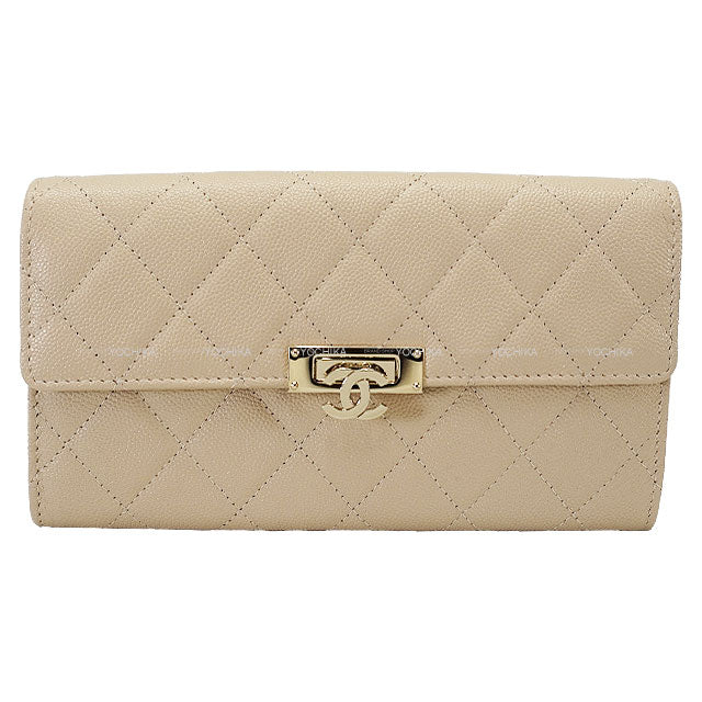 CHANEL long wallet Matelasse COCO Lock Beige Graind Calf(Caviarskin) Champagne Gold HW A80768[EXCELLENT][Authentic]