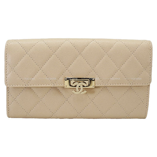 CHANEL long wallet Matelasse COCO Lock Beige Graind Calf(Caviarskin) Champagne Gold HW A80768[EXCELLENT][Authentic]