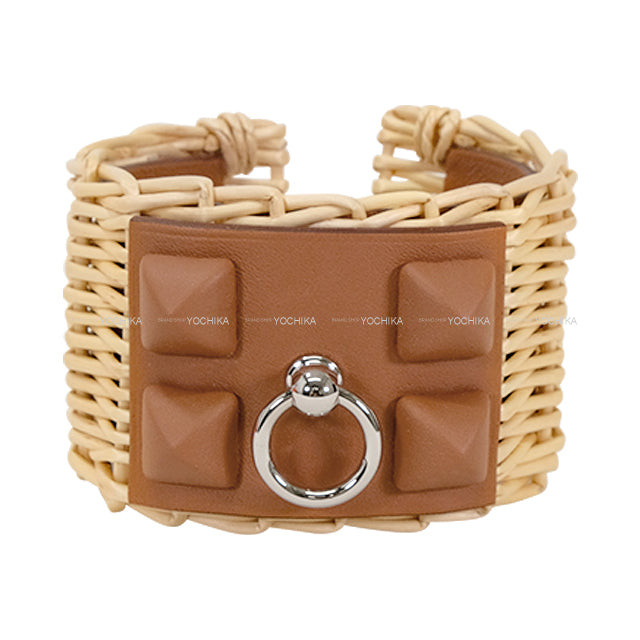 HERMES bracelet Medor Picnic #T2 Gold Veau Swift /wicker Silver HW Stamp W[EXCELLENT][Authentic]