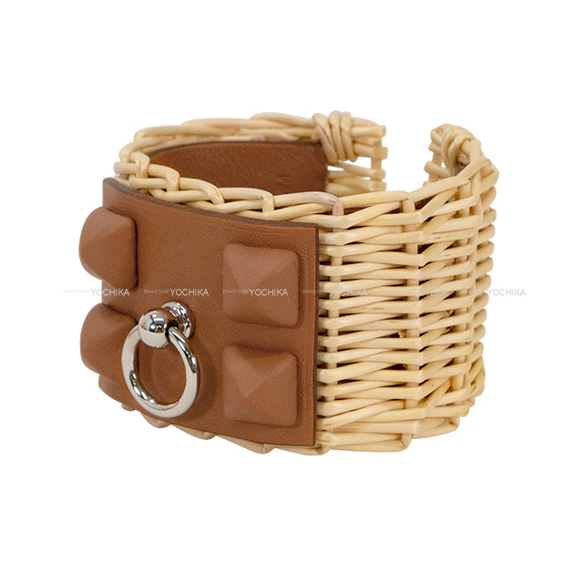 HERMES bracelet Medor Picnic #T2 Gold Veau Swift /wicker Silver HW Stamp W[EXCELLENT][Authentic]