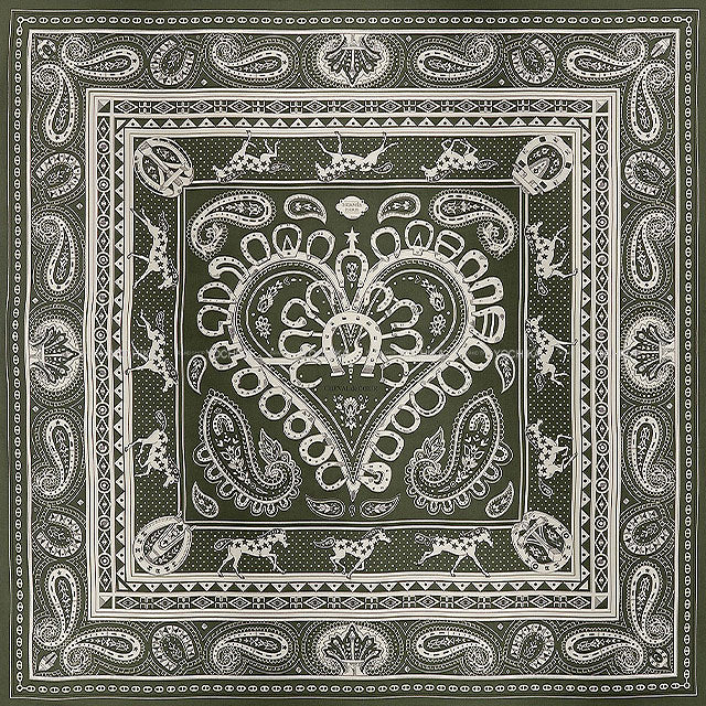 HERMES scarf Carre 140 CHEVAL de COEUR Bandana Khaki Fonce/White/Black Cashmere/Silk[BRAND NEW][Authentic]