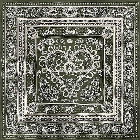 HERMES scarf Carre 140 CHEVAL de COEUR Bandana Khaki Fonce/White/Black Cashmere/Silk[BRAND NEW][Authentic]