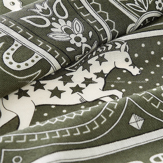 HERMES scarf Carre 140 CHEVAL de COEUR Bandana Khaki Fonce/White/Black Cashmere/Silk[BRAND NEW][Authentic]