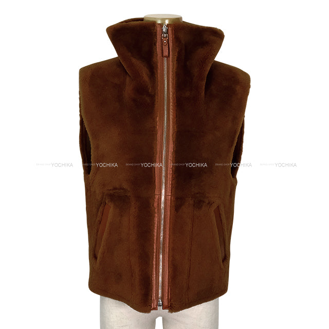 HERMES Vests Reversible Sleeveless Jacket Marron Fauve Sheepskin #34 Silver HW 5H1229D5[EXCELLENT][Authentic]