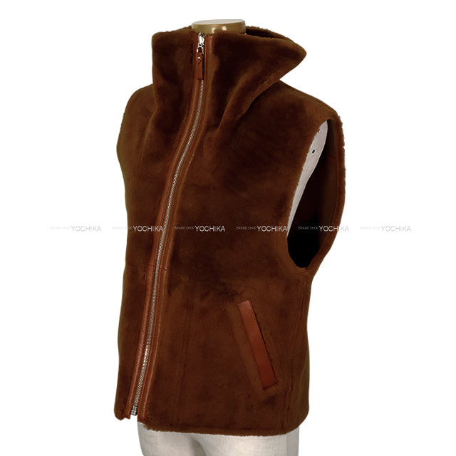 HERMES Vests Reversible Sleeveless Jacket Marron Fauve Sheepskin #34 Silver HW 5H1229D5[EXCELLENT][Authentic]