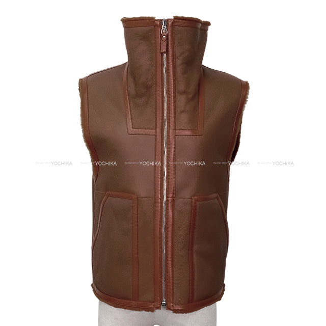 HERMES Vests Reversible Sleeveless Jacket Marron Fauve Sheepskin #34 Silver HW 5H1229D5[EXCELLENT][Authentic]