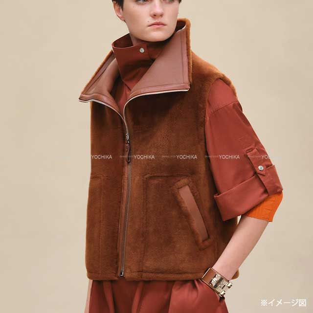 2025AW HERMES Vests Reversible Sleeveless Fur JacketMarron Fauve Sheepskin/Mouton #34 Silver HW 5H1229D5[EXCELLENT][Authentic]